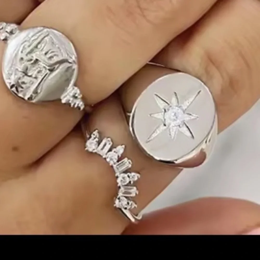 NEW Lg Sterling Silver Star Signet Ring Cubic Zirconia Starburst‎ 925 Adjustable